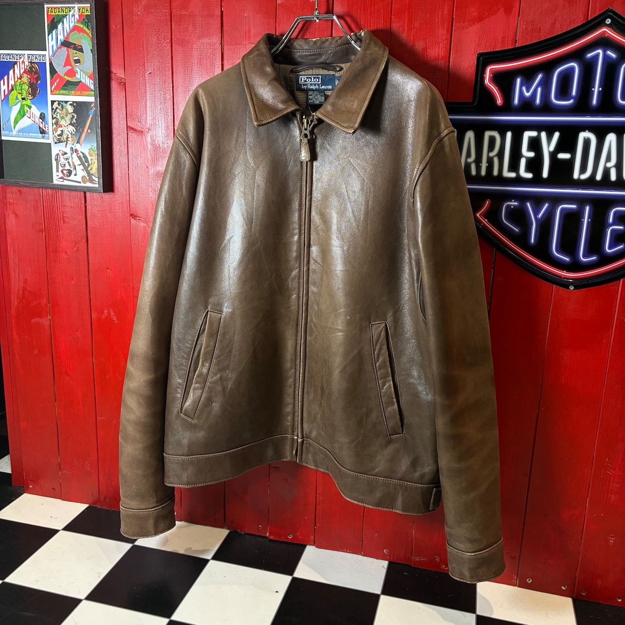 90s POLO RALPH LAUREN / ラムレザージャケット ブラウン / 千鳥格子ライニング / ポニー無し