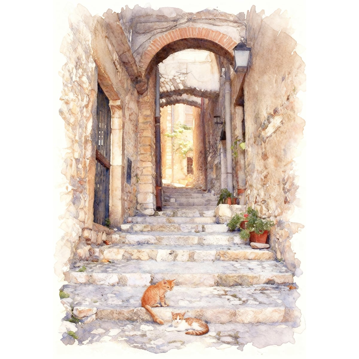 絵画 動物 街中の猫 インテリアアート額付き 水彩画風 WAT1793