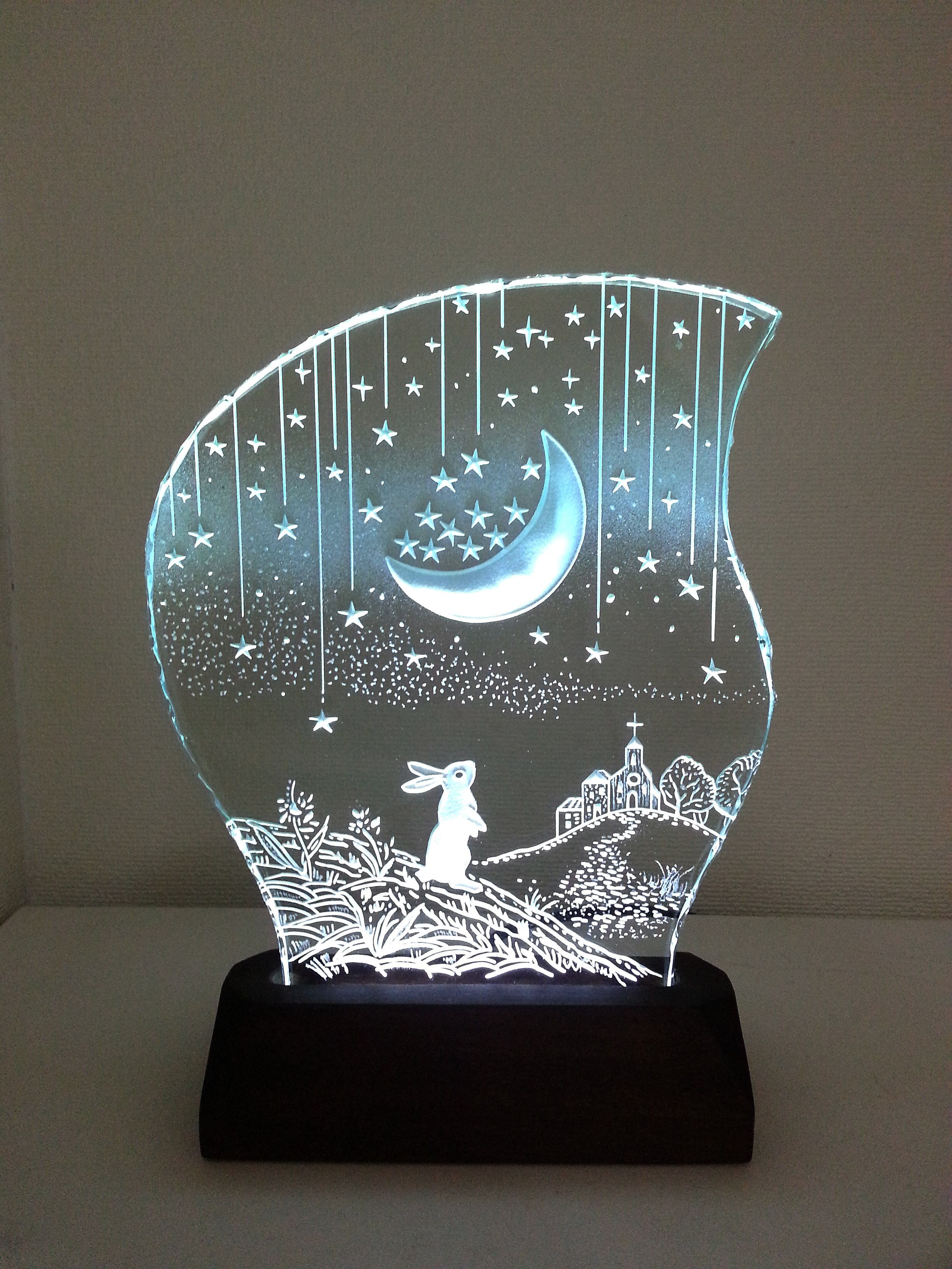 星降る夜・ウサギ ガラスエッチングパネル Mサイズ・LEDスタンドセット