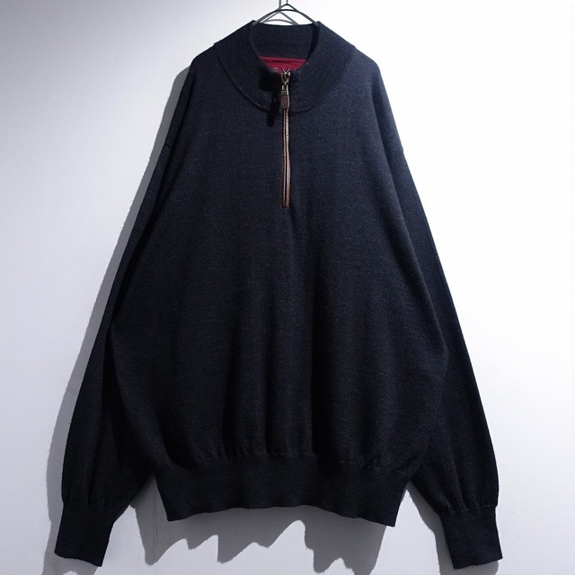 "ORVIS" Charcoal Gray Leather Piping Design Merino Wool Half-Zip Knit