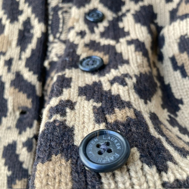 Ralph Lauren ラルフローレン ハンドニットカーディガン 90s レオパード柄 ラムズウール100% ブラウン ヴィンテージ古着 M 画像7