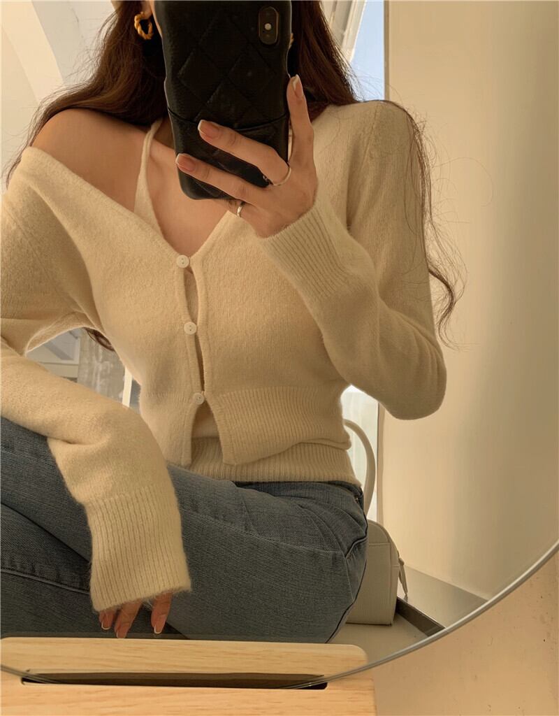 ニットショートカーディガンスプリングセーター コート ホワイトスリムトップス ロング 春物 ブラックストロベリース70713419383