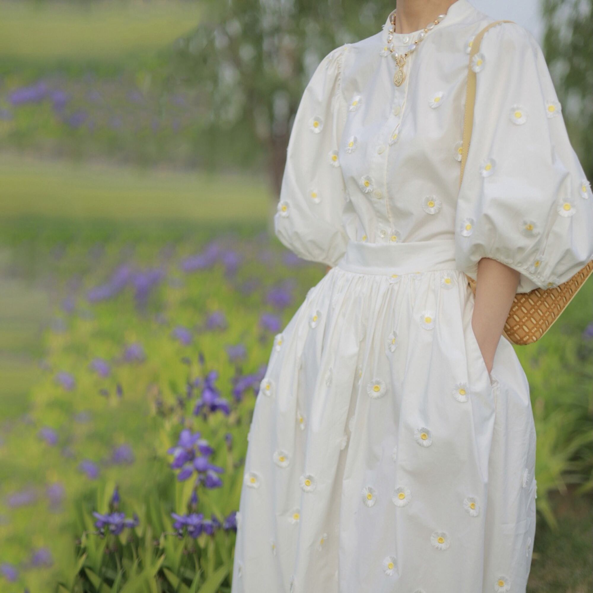 【dress】刺繡パフスリーブワンピース N3148