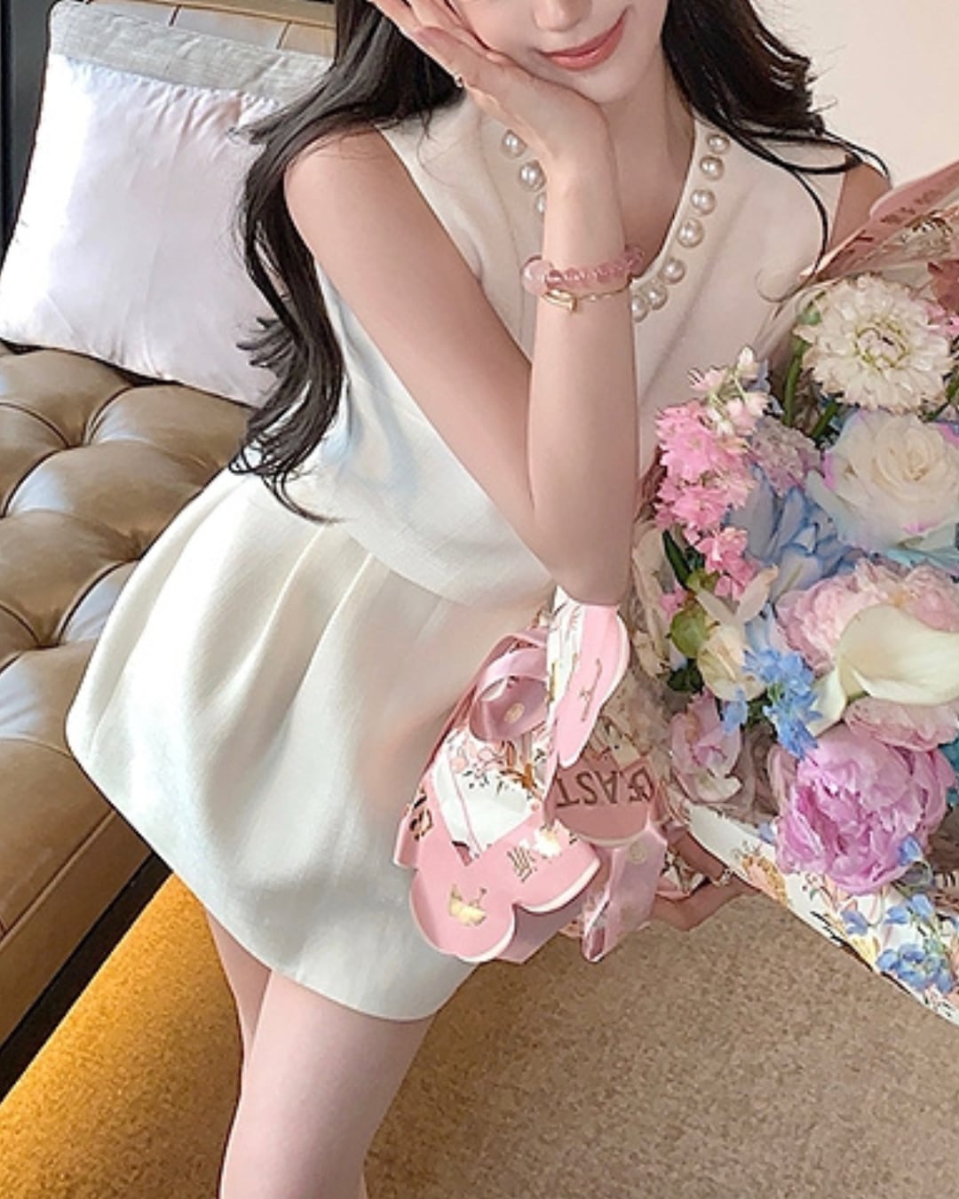 パールネックトップス×タックミニスカートセットアップ l5240