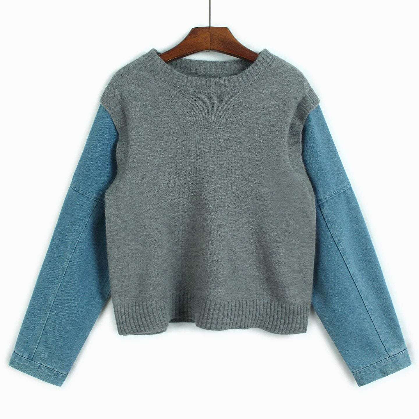FAKE-2-PIECE DENIM SLEEVES ROUND NECK KNIT TOP 3colors M-15643