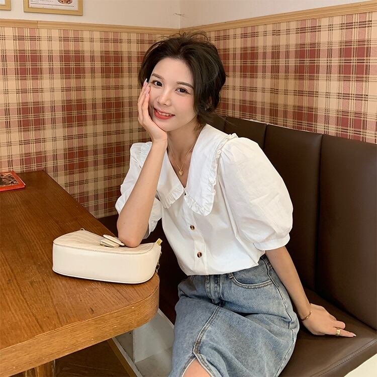 カラーホワイトシャツ レディース夏服パフスリーブスリーブトップス