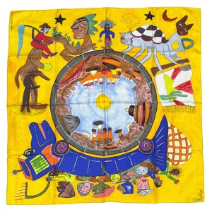 【中古】 LOUIS VUITTON ルイヴィトン スカーフ シルク100％ イエロー 黄色 マルチカラー 大判スカーフ ストール バンダナ バッグアクセサリー 首巻き ヘアアレンジ （1058）
