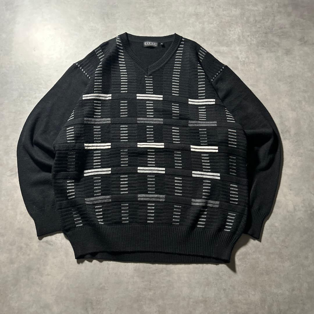 ヴィンテージ BARISAL Vネック 幾何学 模様 モノトーン ニットセーター
