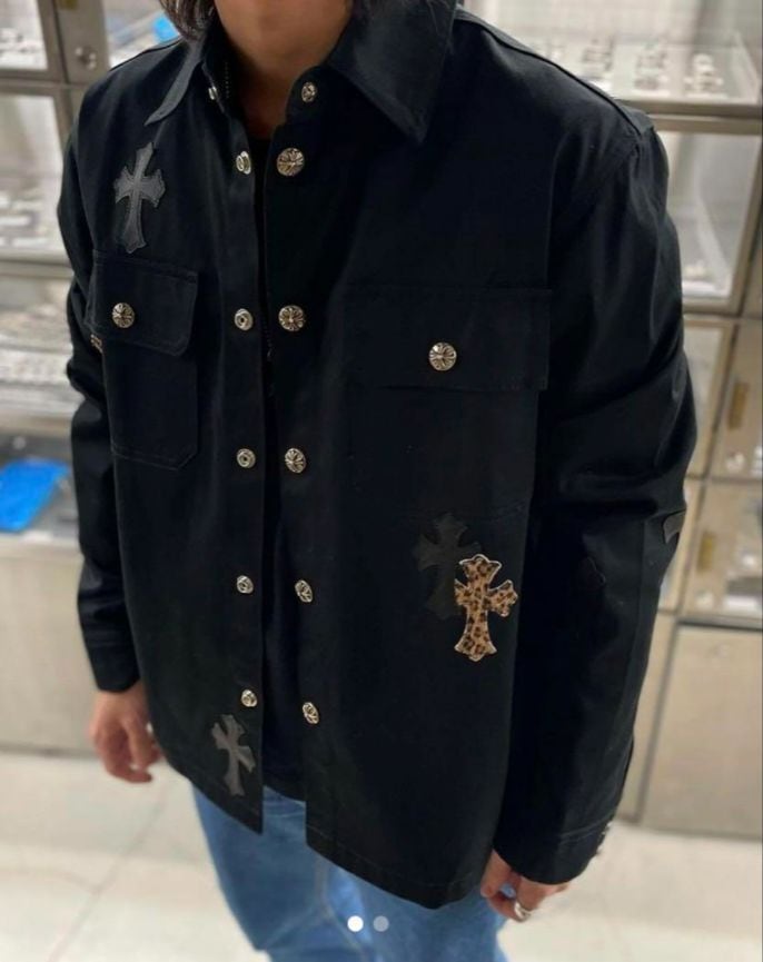 専用ページクロムハーツ レオパード切替 レザーデニム ワークジャケット ブラック CHROME HEARTS クロムハーツ レザージャケット レオパード | chromehearts