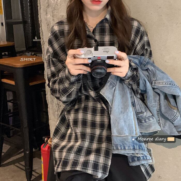 スタンダード格子柄シャツ スプリングルーズジャケット ロング レトロ 春物 モンロー403295741