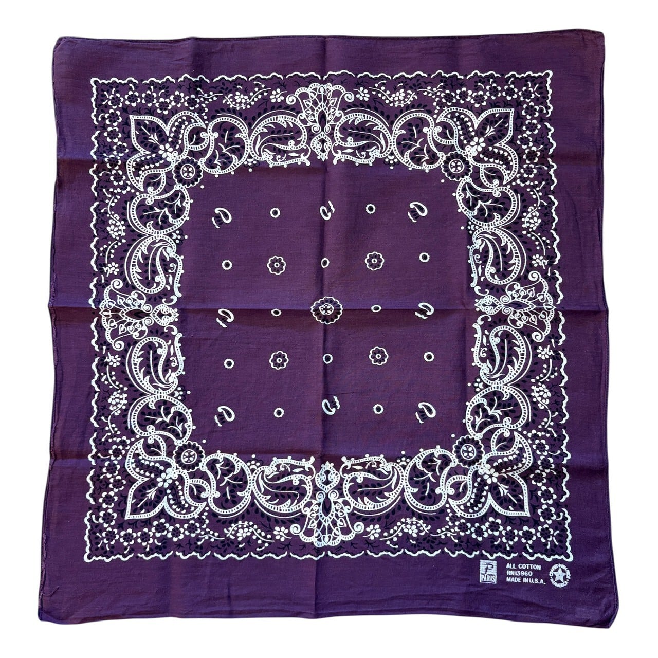 80's USA製 Paris バンダナ 紫 花柄 片耳 この字 ヴィンテージ 80年代