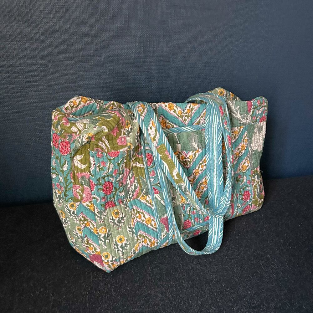 コットンキルトボストンバッグ ブロックプリント パッチワーク ブルー