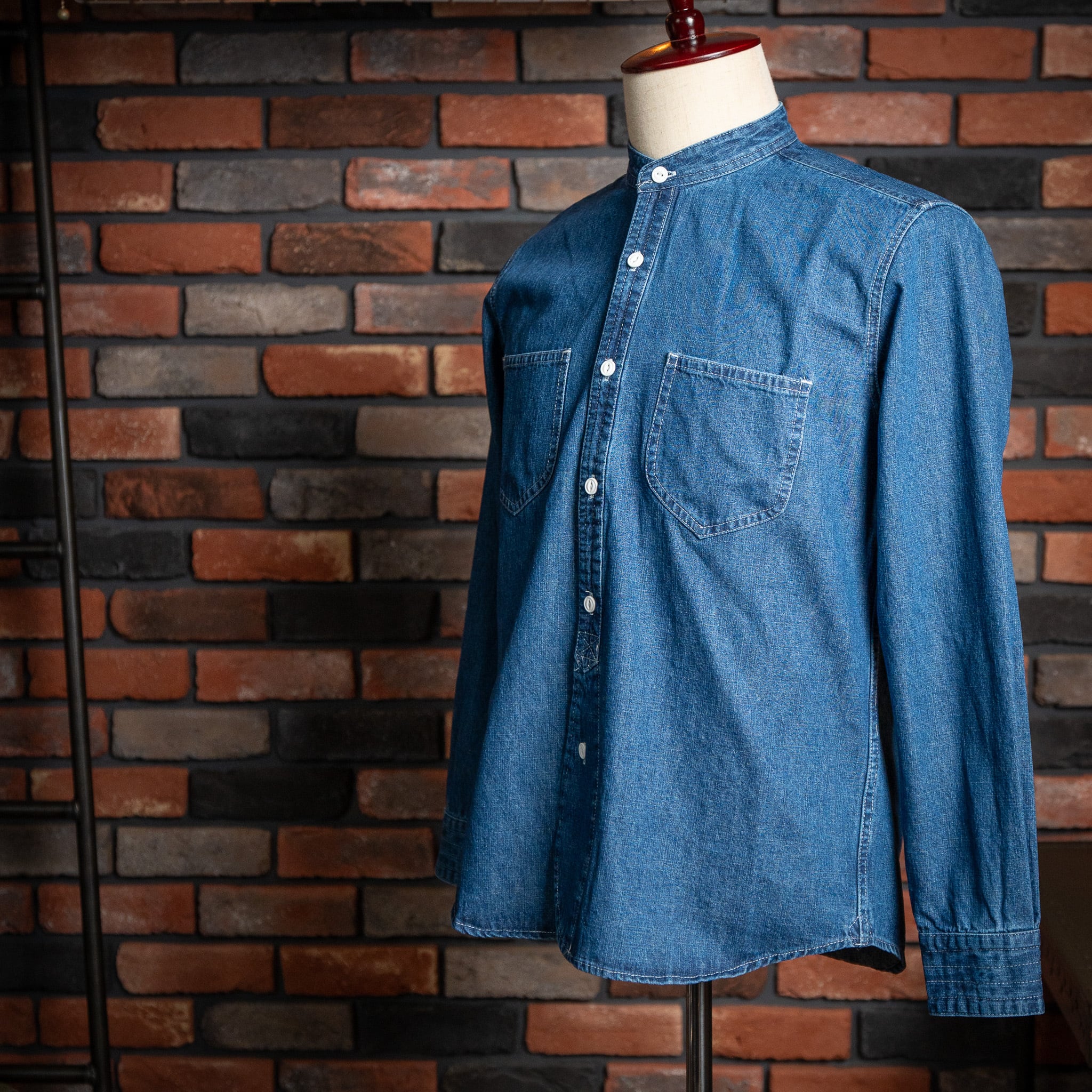 【BARNS® OUTFITTERS】Band Collar Denim Shirt "Indigo" 新品 バーンズアウトフィッターズ デニムシャツ バンドカラー インディゴ BR-26349