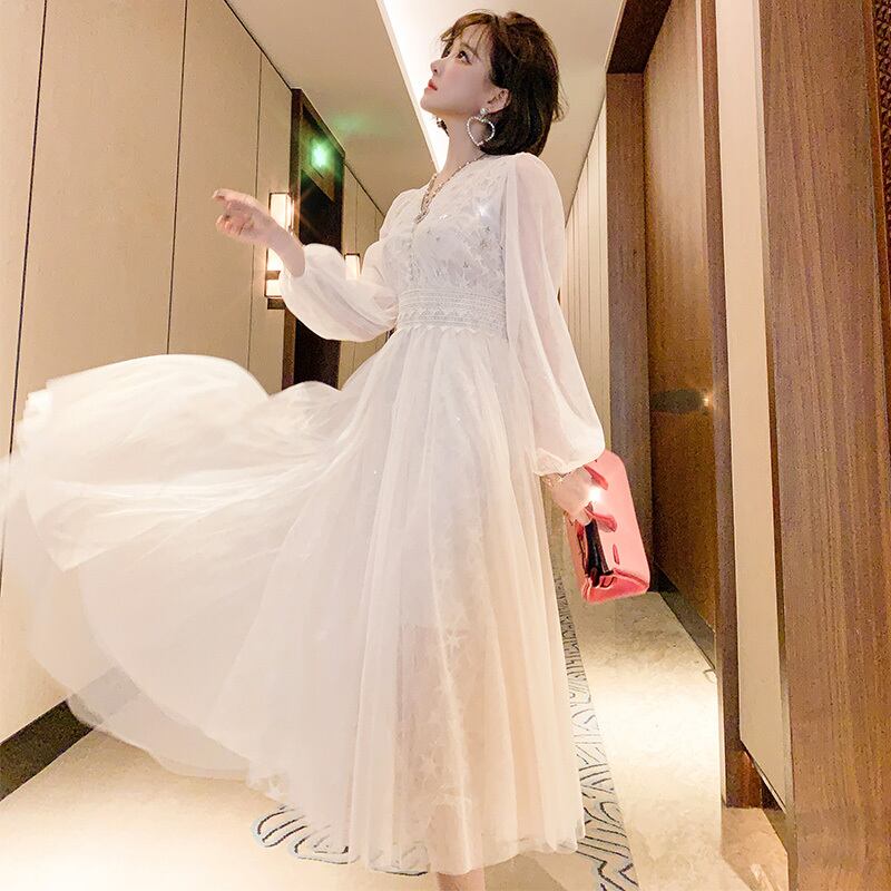 レースVネックパターンハイウェストウェストスリムメッシュドレス スプリング 春物 ステッチ MIUCO50002201392