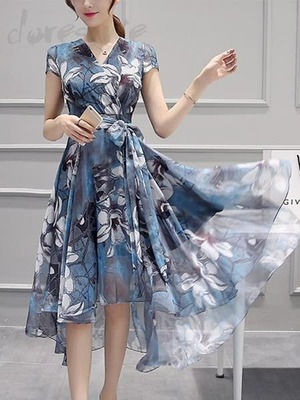 送料無料 未使用 発表会 舞台衣装 パーティ フォ－マル 花柄 シフォン 不規則 11号 L ワンピ－ス [OPN6887]