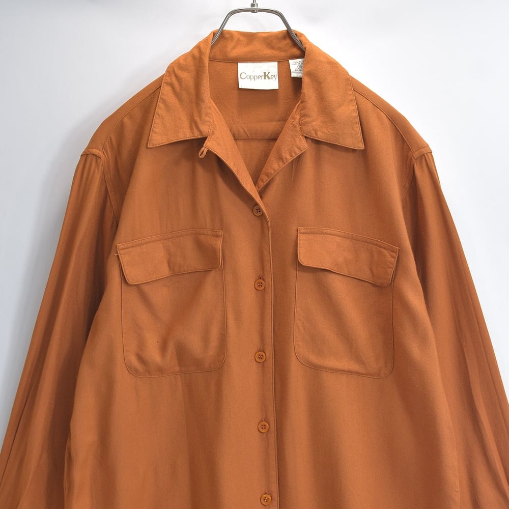90s Copper Key カッパーキー レーヨン オープンカラーシャツ フラップポケット ワイドシルエット ブラウン USED ヴィンテージ 古着 レディース XL相当