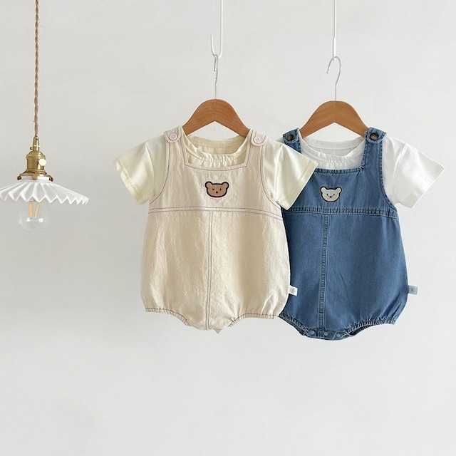 ,ベビー女の子男の子100％綿くま顔デニムサロペットロンパース　アイボリー　ブルー　かわいい夏ベビー服　lwb0100