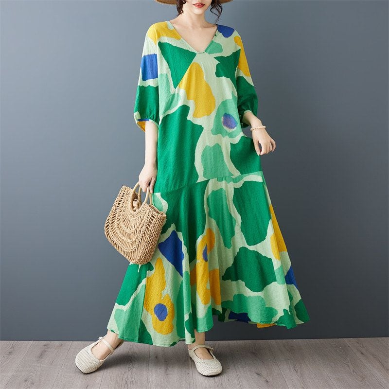 ART GEOMETRIC V-NECK A-LINE MIDI DRESS M-17792