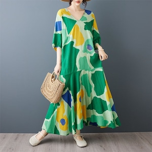 ART GEOMETRIC V-NECK A-LINE MIDI DRESS M-17792