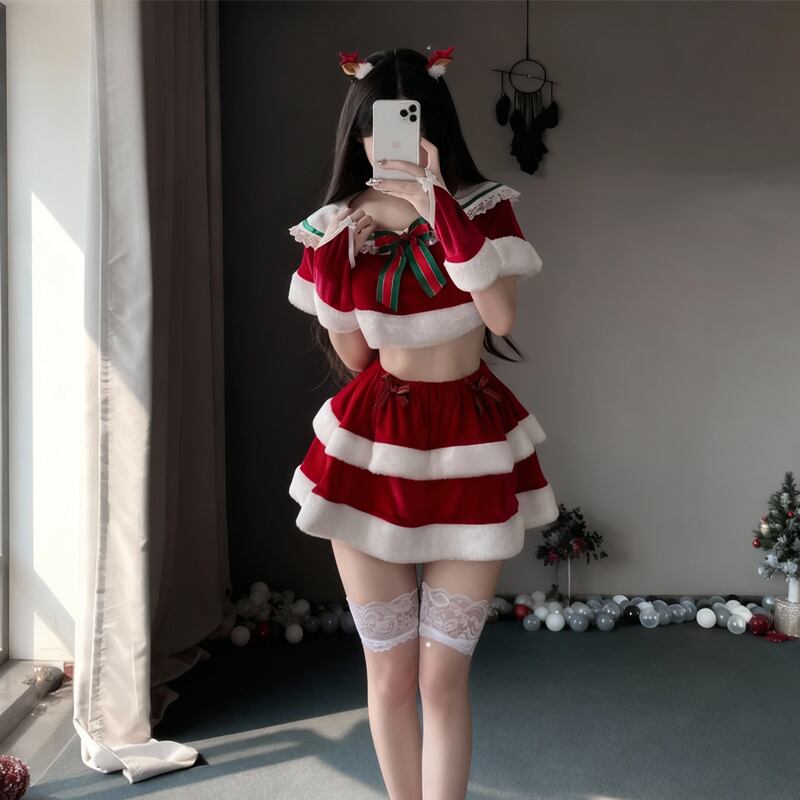 【サンタコスプレ】ふわもこサンタ コスプレ3点セット|赤×白レイヤードスカート&へそ出しトップス|クリスマス衣装