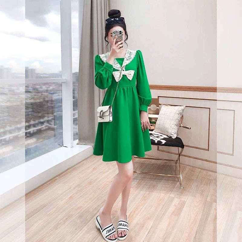 ワンピース 緑 グリーン セーラー リボン お嬢様 リボン 白 清楚