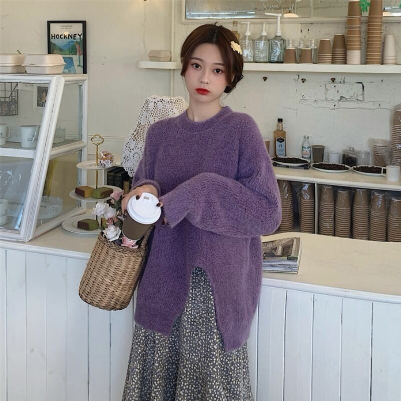 スタンダードスタイルセーター レディースオータムウィンタールーズニットトップス レトロ 秋物 冬物 パープル 萌量不足49523281677
