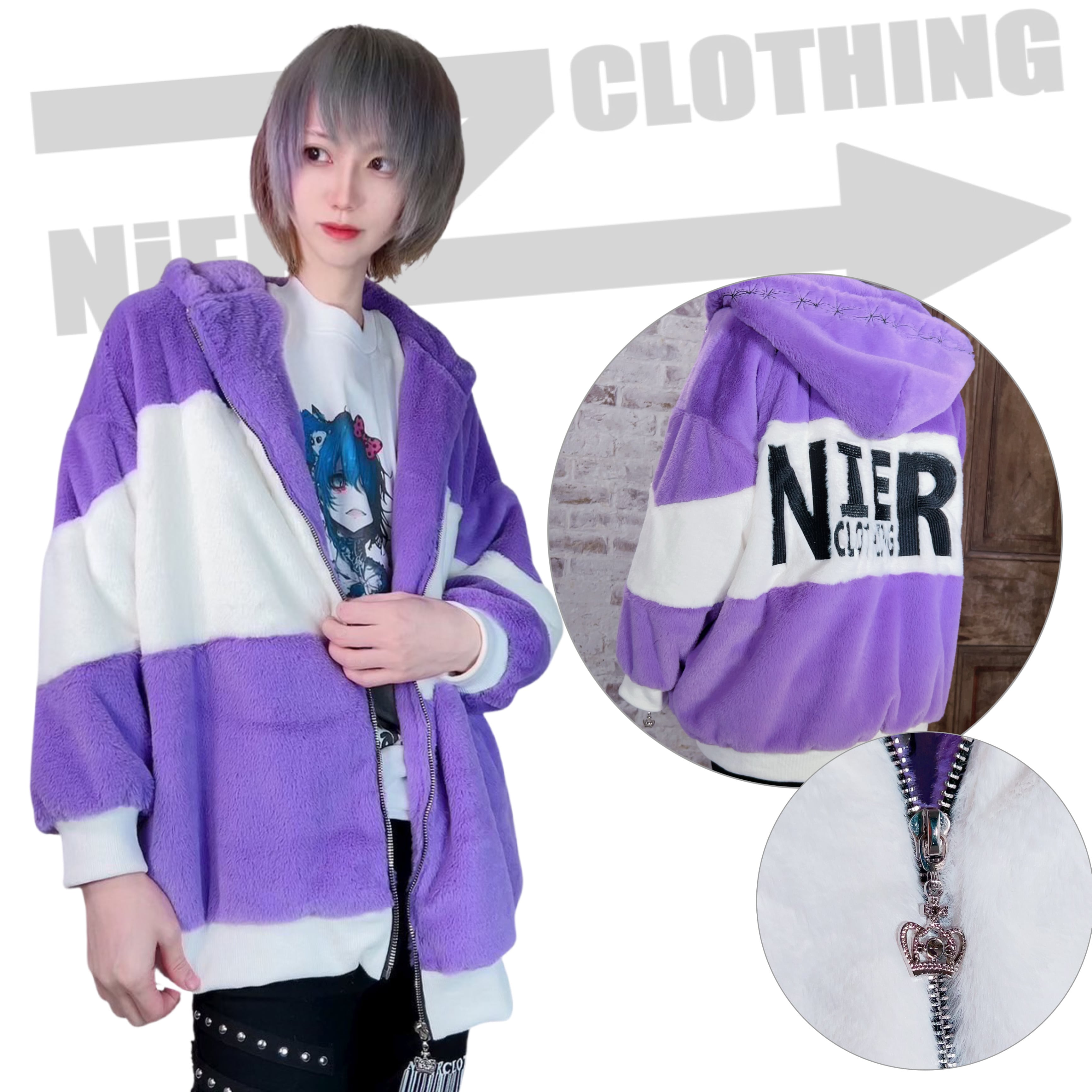 BICOLORふわもこZIP OUTER【PURPLE×WHITE】 NIER CLOTHING