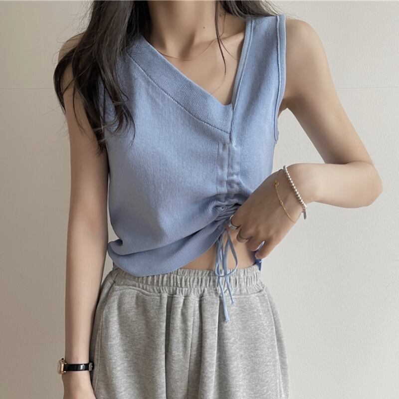 サマースタイルカラーノースリーブスリムショートクロップドニットレディース 夏物 ハンチェンe33054404216