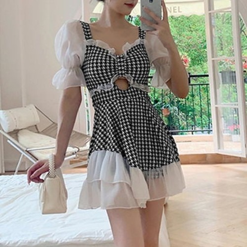 2025新作水着 レディース水着 可愛いビキニ ワンピース水着 千鳥柄 韓国スイムウェア