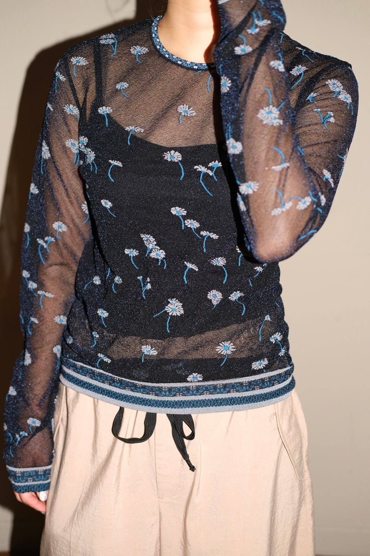 Mame Kurogouchi】Floral Pattern Long Sleeve Sheer Knit Top - navy