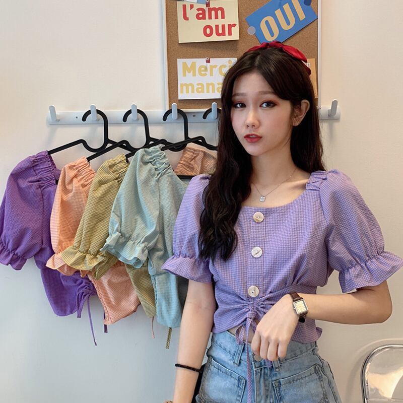 ショートスリーブシャツ サマーカラートップス 夏物 パープル スクウェア 試着室9510512853