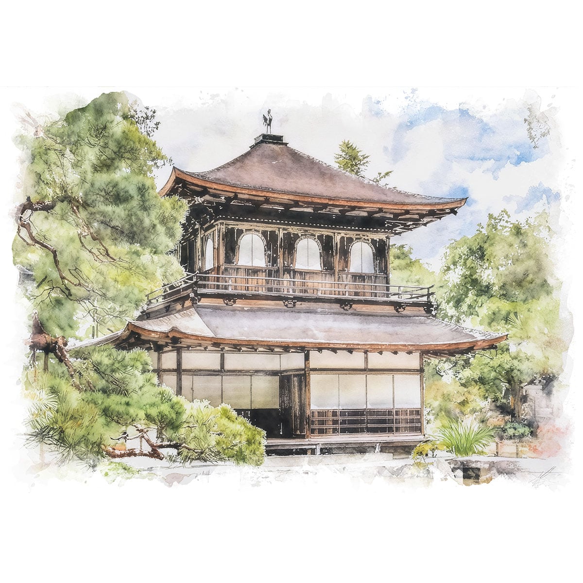 絵画(風景画) 日本 京都府 銀閣寺 インテリアアート額付き 水彩画・油絵調 WAT1366
