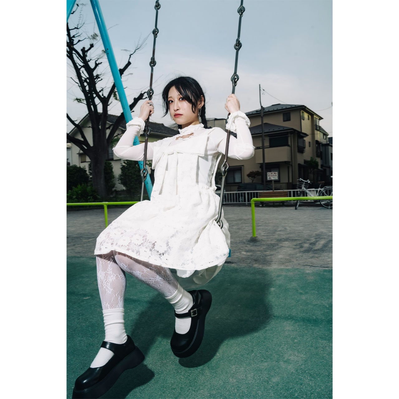 Front ribbon sleeveless onepiece (Flower Lace / Long丈) | HEENIE