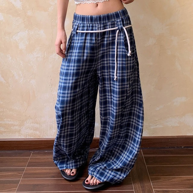 ウエストコードフルレングスワイドチェックカーゴパンツ 3col   R01882