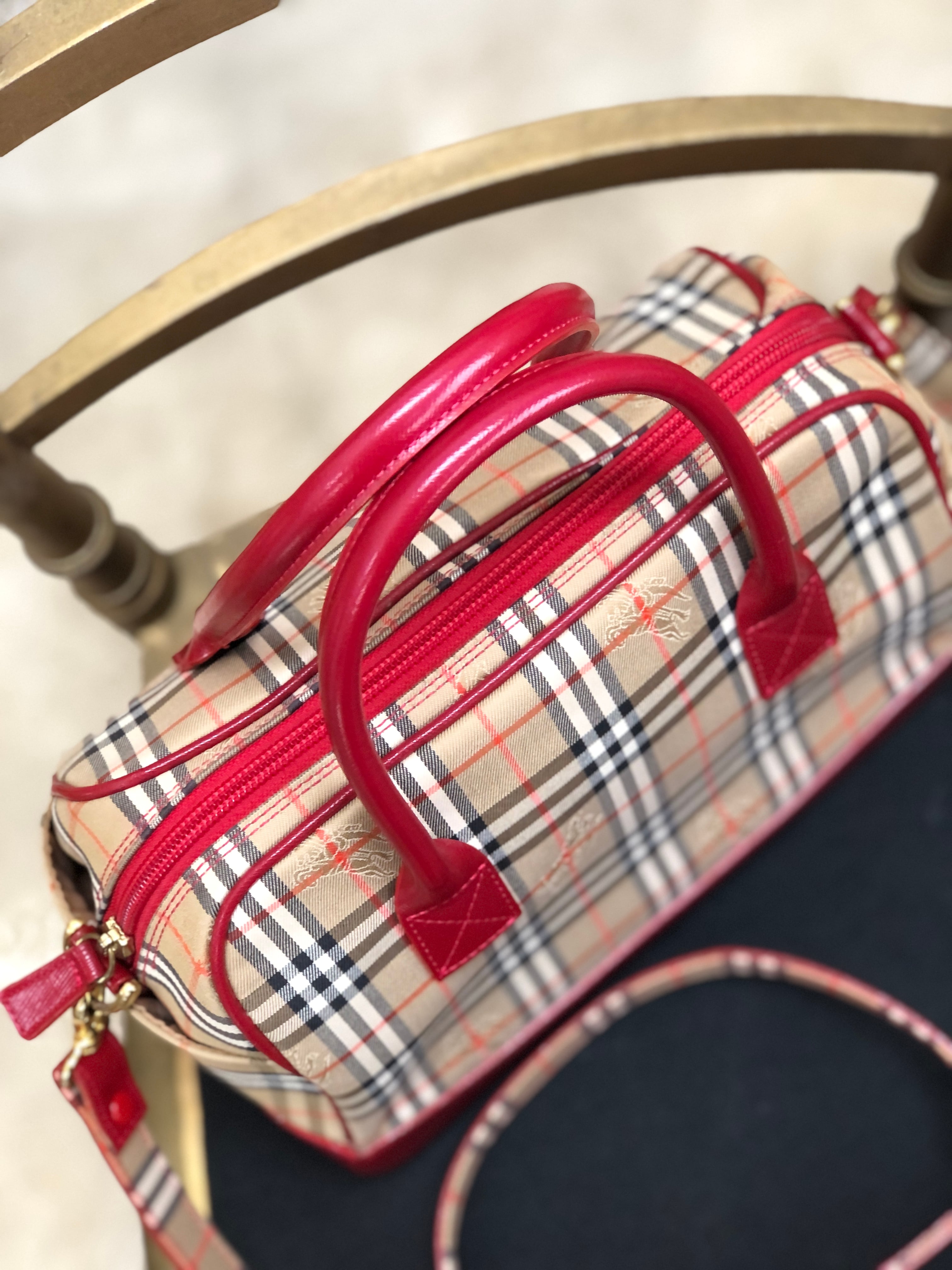 BURBERRY　バーバリー　クラシックチェック　レザー×キャンバス　2way　ボストンバッグ　ショルダーバッグ　ベージュ×レッド　vintage　 ヴィンテージ　オールド　8kwa2a | VintageShop solo powered by BASE