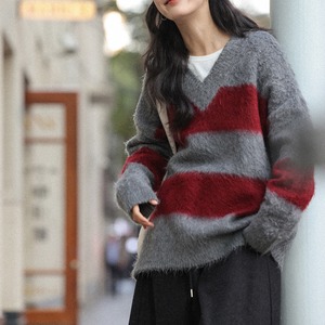 v-neck striped knit pullover　J00360
