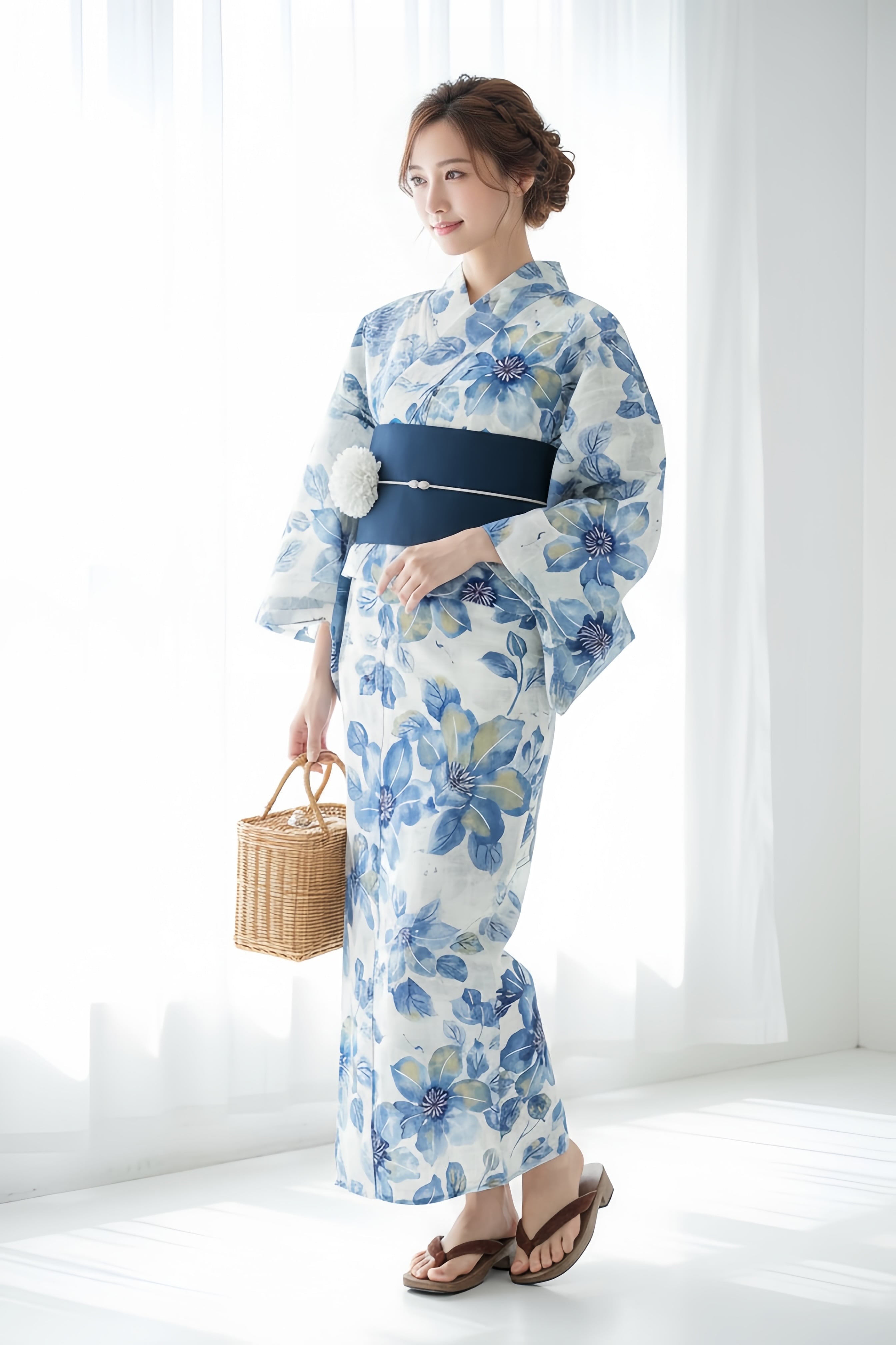 浴衣ジェンヌ 浴衣5点セット 綿 ゆかた 半幅帯 浴衣 オフホワイト 青 ブルー 花柄