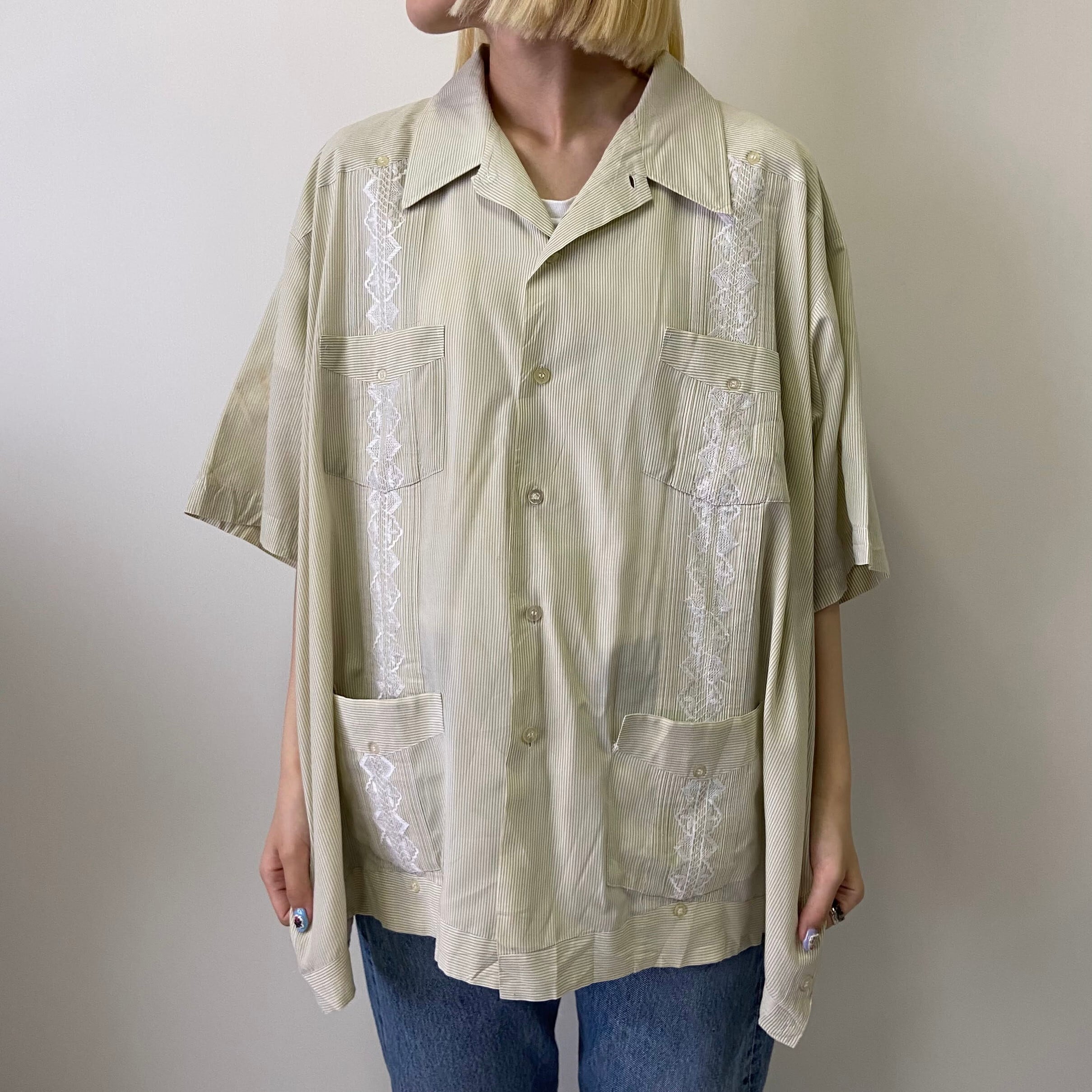 ビッグサイズ 80年代 guayabera by HABAND 半袖 刺繍 ピンストライプ