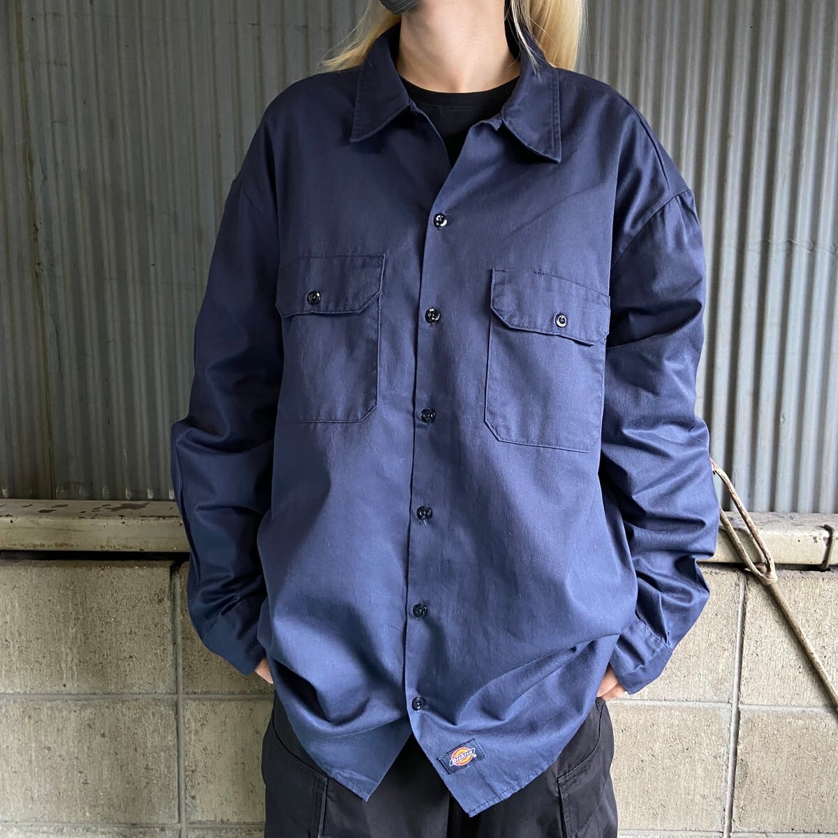 Dickies ディッキーズ 無地 長袖 ワークシャツ メンズXL 古着 ネイビー 