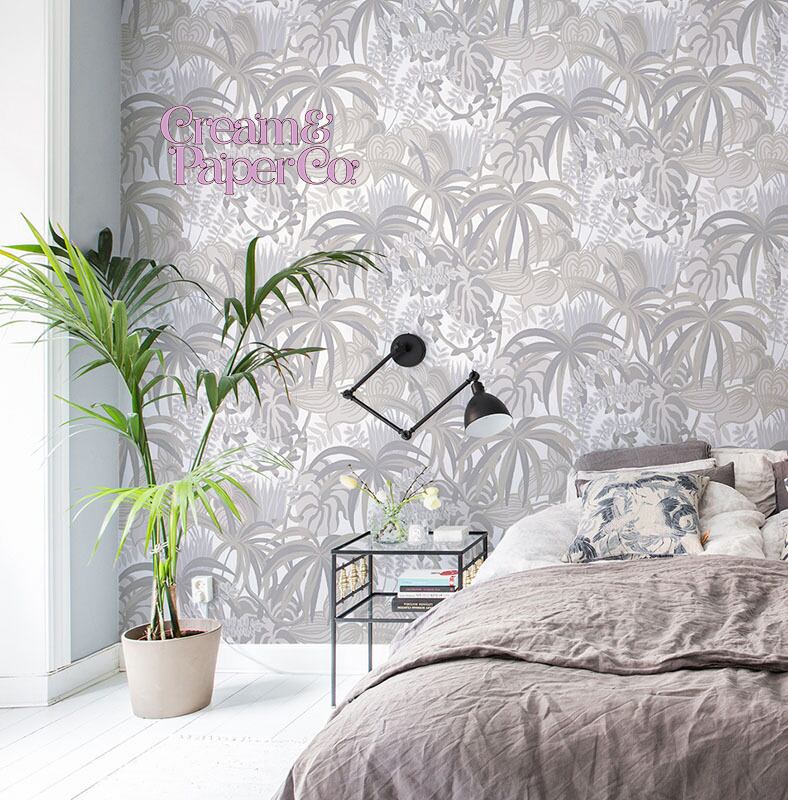 【切り売り】ムーンライトグレー × シルバー Rainforest leaf botanical　FL1-778903MT for DIY 幅53㎝ リピート64㎝