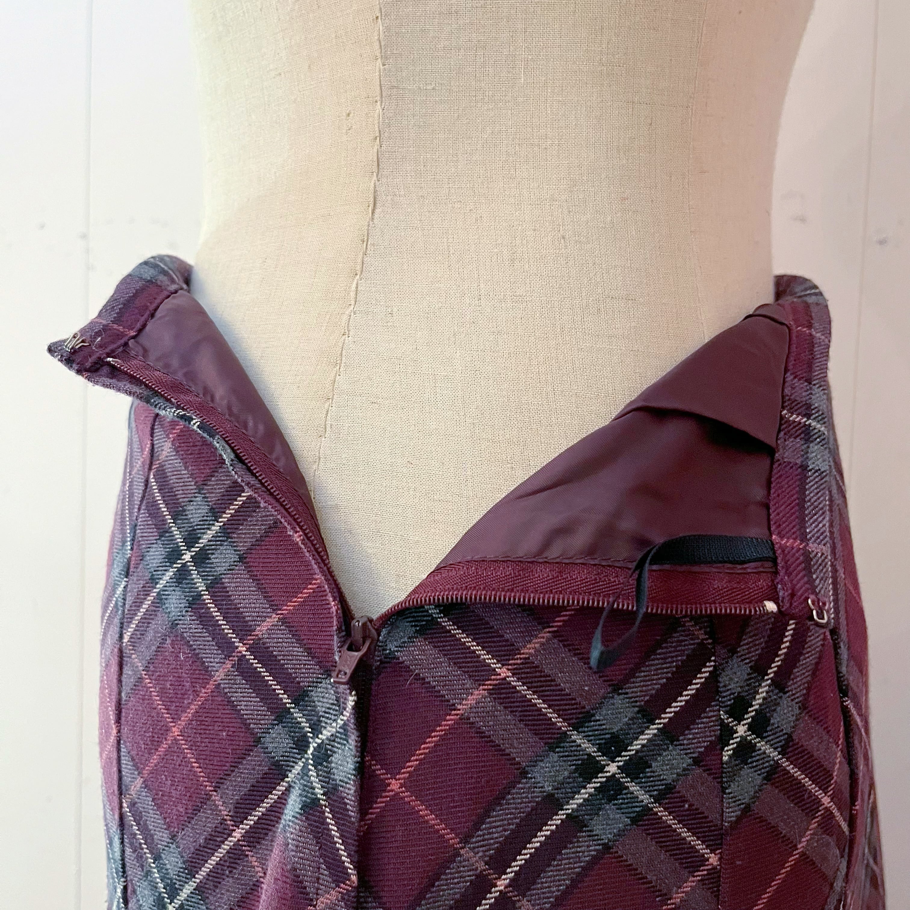 purple gray check tuck skirt