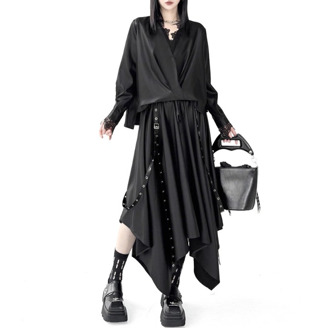 Drape wrap blouse & asymmetric skirt setup C1477