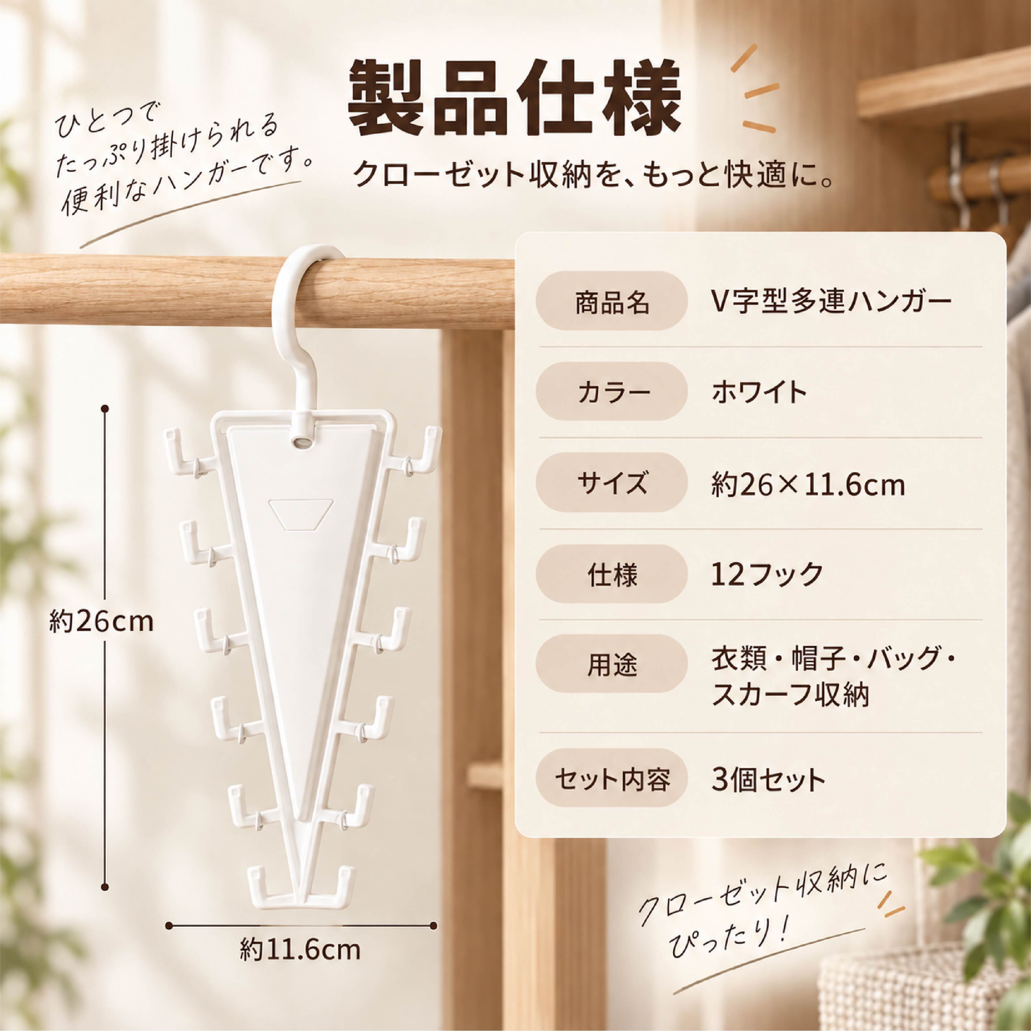 SQ 1047 . V字型多連ハンガー 3個セット 12か所フック 衣類収納