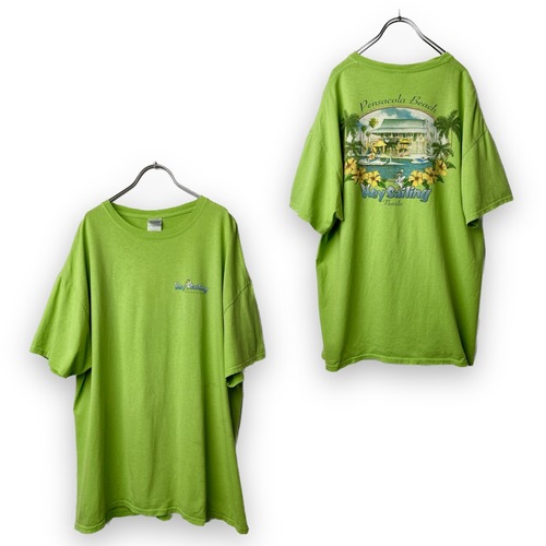 ウォータースポーツ会社　両面プリント 両面 プリント 企業系 バックプリント ユニーク サイズ：XL 半袖 Tシャツ ライムグリーン 古着