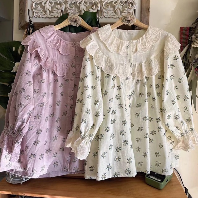 小花柄レースヨークコットンブラウス W1427