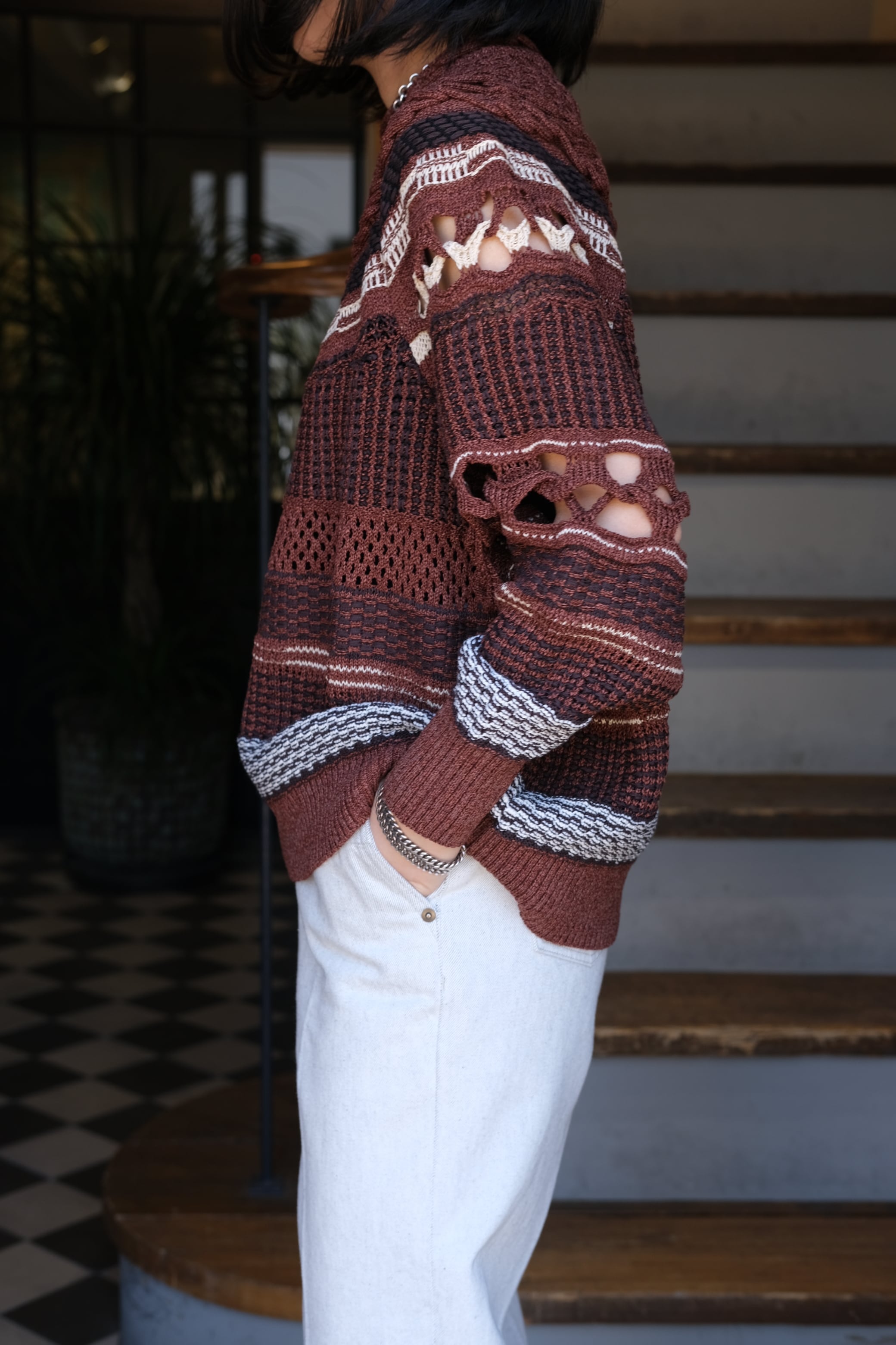 Mame Kurogouchi】Bamboo Basket Pattern Knitted Top - brown | loop