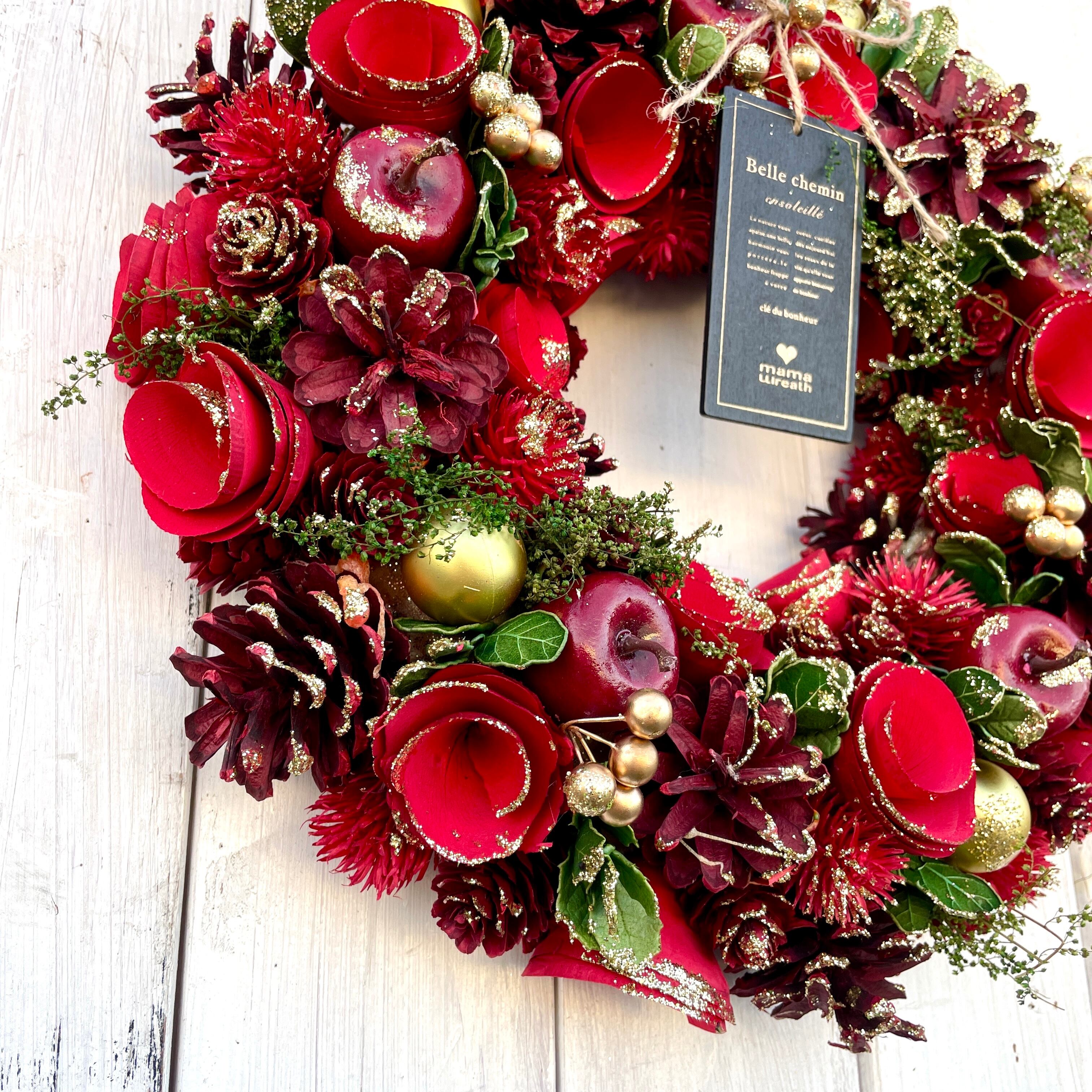 大きいクリスマスリース ゴールドラメ アップル 松ぼっくり ナチュラル