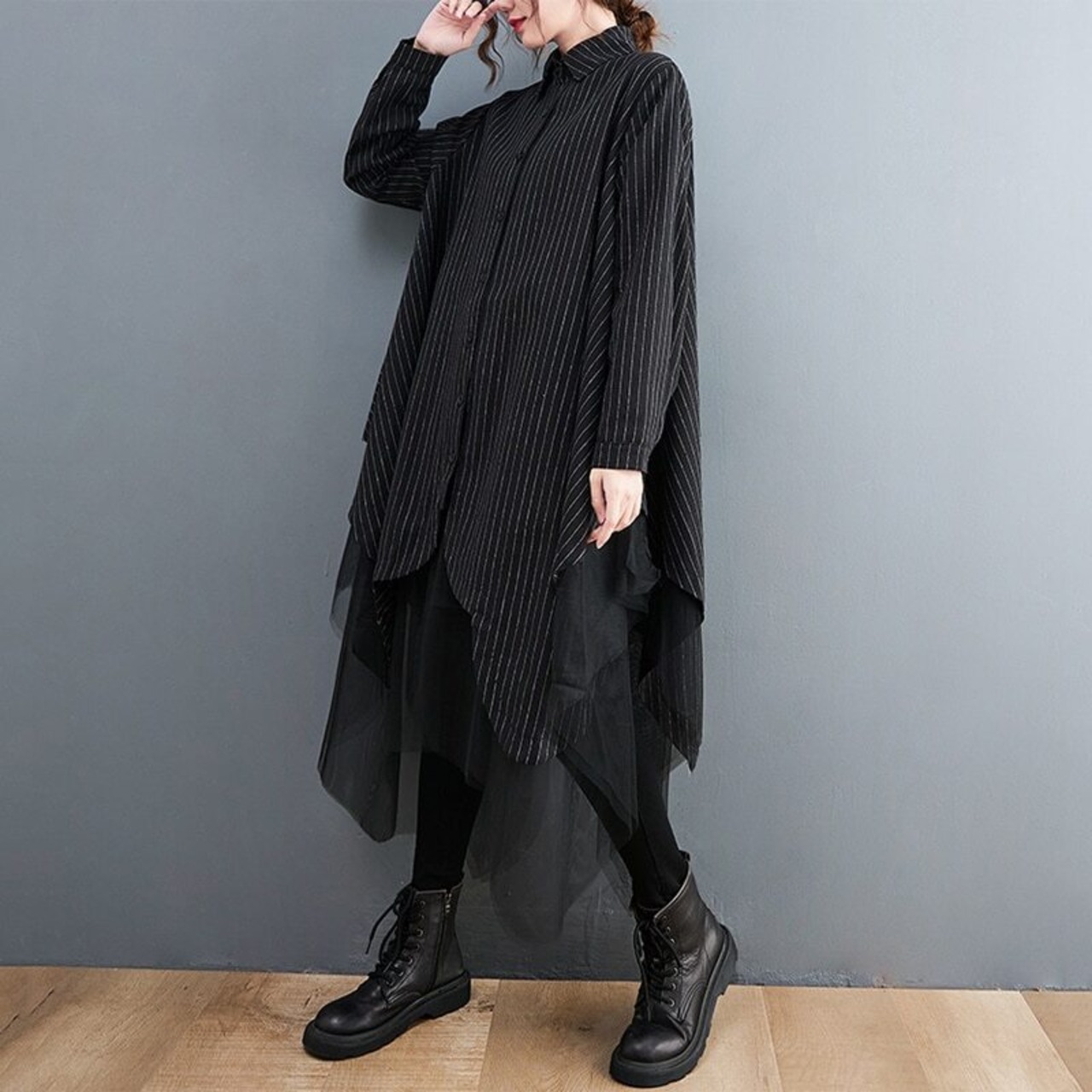 Striped Spliced Mesh Shirt Dress / ストライプ シャツ × メッシュ ワンピース