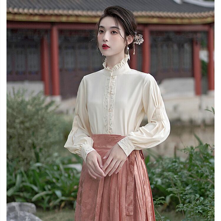 チャイナ風ブラウス+スカート 二点セット 刺繍 長袖 改良型漢服 チャイナ風服