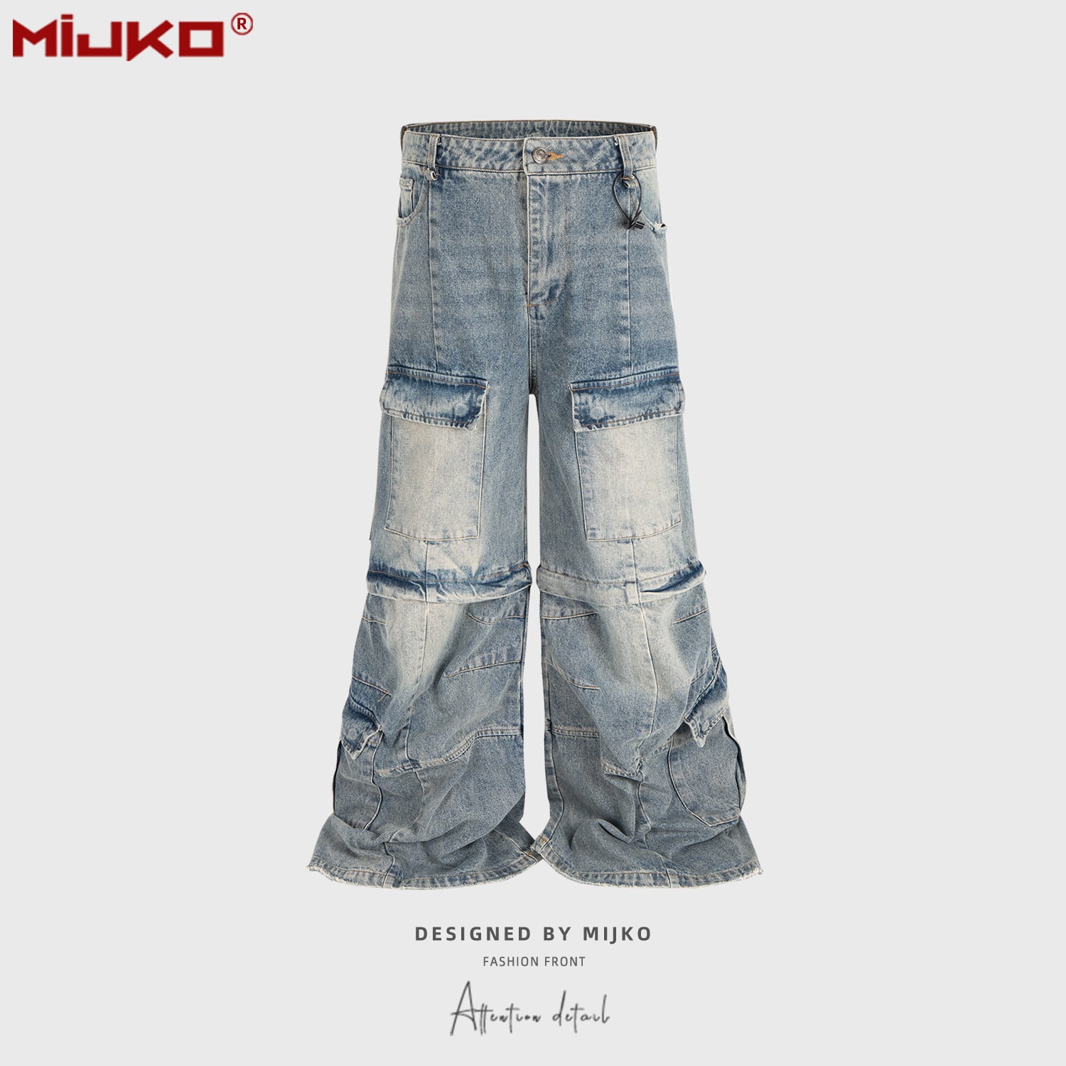 MiJKO ダメージデニム クラッシュデニム MIJKO ダメージフレアカーゴデニム【韓国メンズファッション】ブルー